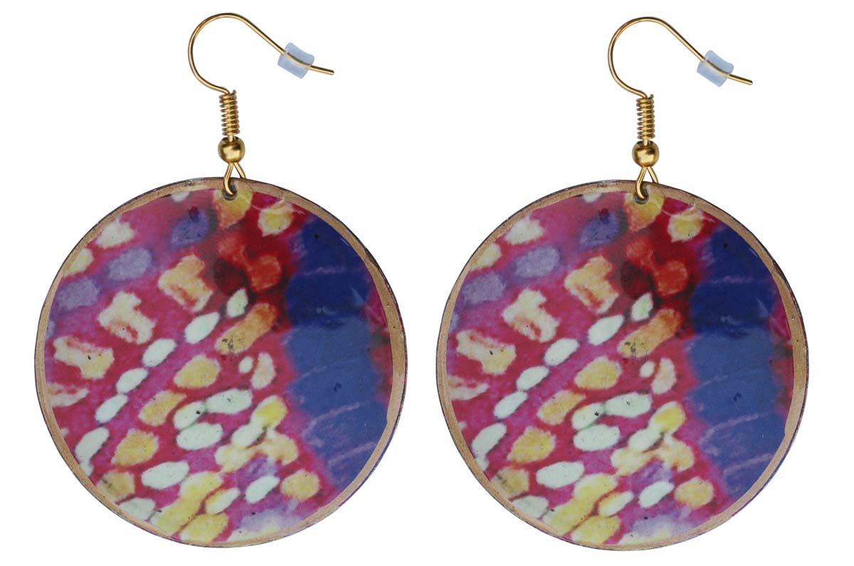 2.5” Round Brass Hook Earrings in Blue Pink Abstract Pattern - Drop Earrings / Accessories for Her - Buy in Bulk Wholesale